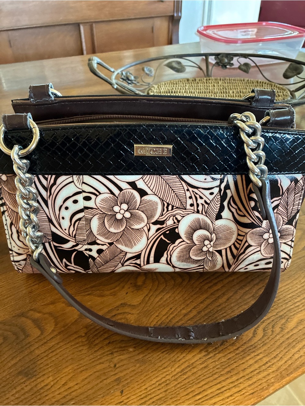 Miche Pink and Brown Floral Shoulder Bag with Chain Straps